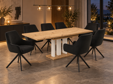 Essgruppe Appia White - Eiche Artisan mit 8 Stühlen in Samt Schwarz für 8 Personen