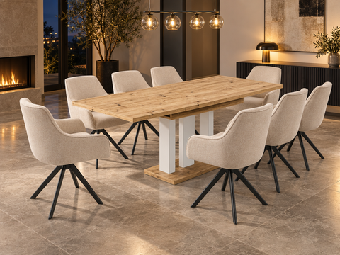 Essgruppe Appia White - Eiche Artisan mit 8 Stühlen in Leinen Beige für 8 Personen