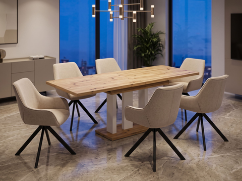 Essgruppe Appia White - Eiche Artisan mit 6 Stühlen in Leinen Beige für 6 Personen