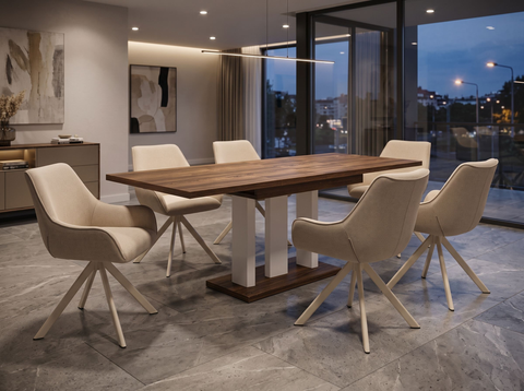 Essgruppe Appia White - Eiche Stirling mit 6 Stühlen in Leinen Beige mit beigem Gestell für 6 Personen