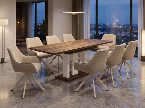 Essgruppe Appia White - Eiche Stirling mit 8 Stühlen in Leinen Beige mit beigem Gestell für 8 Personen