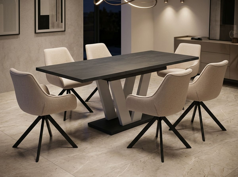 Essgruppe Lara White - Beton Dunkel mit 6 Stühlen in Leinen Beige für 6 Personen