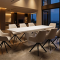 Essgruppe Lara White - Weiss Hochglanz mit 8 Stühlen in Leinen Beige für 8 Personen