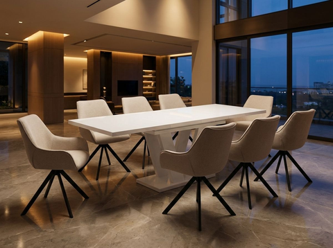 Essgruppe Lara White - Weiss Hochglanz mit 8 Stühlen in Leinen Beige für 8 Personen