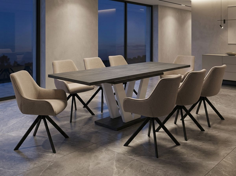 Essgruppe Lara White - Beton Dunkel mit 8 Stühlen in Leinen Beige für 8 Personen