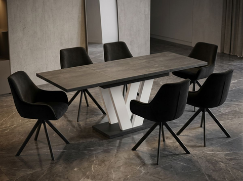 Essgruppe Lara White - Beton Dunkel mit 6 Stühlen in Samt Schwarz für 6 Personen