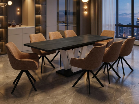 Essgruppe Lara White - Beton Dunkel mit 8 Stühlen in Chenille Orange für 8 Personen