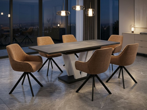 Essgruppe Lara White - Beton Dunkel mit 6 Stühlen in Chenille Orange für 6 Personen