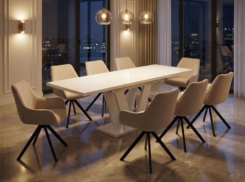 Essgruppe Lara White - Kaschmir-Beige mit 8 Stühlen in Leinen Beige für 8 Personen