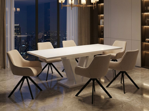 Essgruppe Lara White - Weiss Hochglanz mit 6 Stühlen in Leinen Beige für 6 Personen
