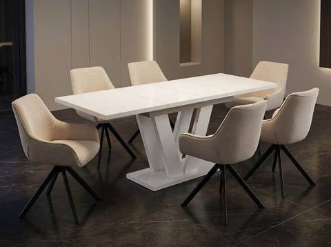 Essgruppe Lara White - Kaschmir-Beige mit 6 Stühlen in Leinen Beige für 6 Personen