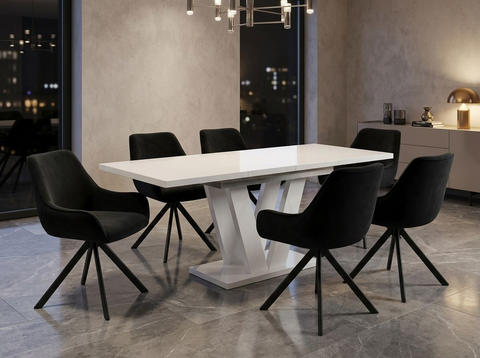 Essgruppe Lara White - Kaschmir-Beige mit 6 Stühlen in Samt Schwarz für 6 Personen
