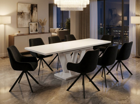 Essgruppe Lara White - Kaschmir-Beige mit 8 Stühlen in Samt Schwarz für 8 Personen