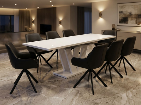 Essgruppe Lara White - Kaschmir-Beige mit 8 Stühlen in Kunstleder Schwarz für 8 Personen