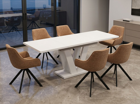 Essgruppe Lara White - Kaschmir-Beige mit 6 Stühlen in Chenille Orange für 6 Personen