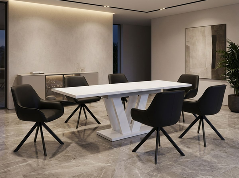 Essgruppe Lara White - Kaschmir-Beige mit 6 Stühlen in Kunstleder Schwarz für 6 Personen