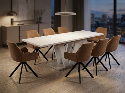 Essgruppe Lara White - Kaschmir-Beige mit 8 Stühlen in Chenille Orange für 8 Personen