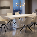 Essgruppe Lara White - Kaschmir-Beige mit 6 Stühlen in Chenille Cremeweiß für 6 Personen