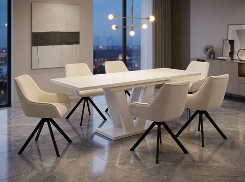 Essgruppe Lara White - Kaschmir-Beige mit 6 Stühlen in Chenille Cremeweiß für 6 Personen