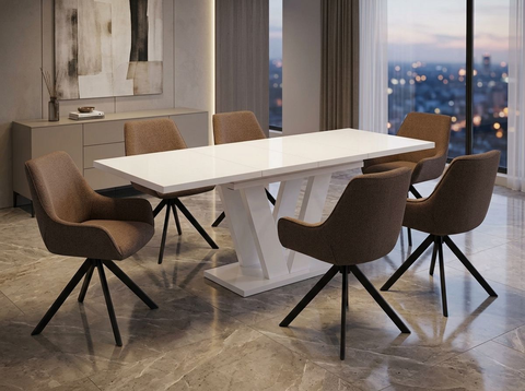 Essgruppe Lara White - Kaschmir-Beige mit 6 Stühlen in Leinen Braun für 6 Personen