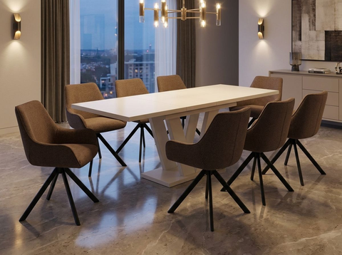 Essgruppe Lara White - Kaschmir-Beige mit 8 Stühlen in Leinen Braun für 8 Personen