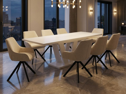 Essgruppe Lara White - Kaschmir-Beige mit 8 Stühlen in Chenille Cremeweiß für 8 Personen