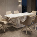 Essgruppe Lara White - Kaschmir-Beige mit 6 Stühlen in Leinen Beige mit beigem Gestell für 6 Personen