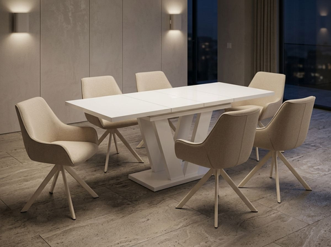 Essgruppe Lara White - Kaschmir-Beige mit 6 Stühlen in Leinen Beige mit beigem Gestell für 6 Personen
