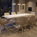 Essgruppe Lara White - Kaschmir-Beige mit 8 Stühlen in Leinen Beige mit beigem Gestell für 8 Personen