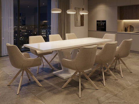 Essgruppe Lara White - Kaschmir-Beige mit 8 Stühlen in Leinen Beige mit beigem Gestell für 8 Personen
