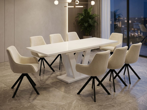 Essgruppe Lara White - Kaschmir-Beige mit 8 Stühlen in Samt Cremeweiß für 8 Personen