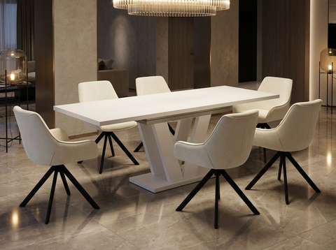 Essgruppe Lara White - Kaschmir-Beige mit 6 Stühlen in Samt Cremeweiß für 6 Personen