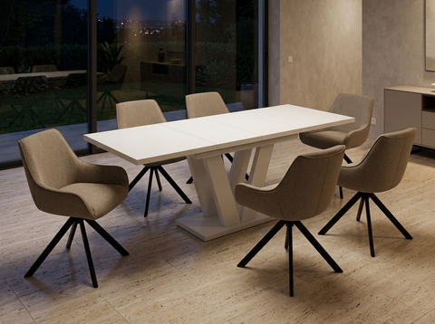 Essgruppe Lara White - Kaschmir-Beige mit 6 Stühlen in Leinen Greige für 6 Personen
