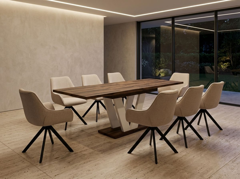 Essgruppe Lara White - Eiche Stirling mit 8 Stühlen in Leinen Beige für 8 Personen