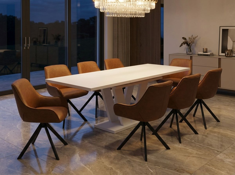 Essgruppe Lara White - Kaschmir-Beige mit 8 Stühlen in Kunstleder Braun für 8 Personen