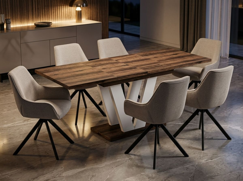 Essgruppe Lara White - Eiche Stirling mit 6 Stühlen in Leinen Beige für 6 Personen