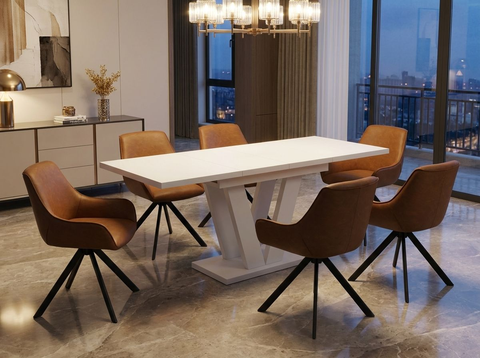 Essgruppe Lara White - Kaschmir-Beige mit 6 Stühlen in Kunstleder Braun für 6 Personen