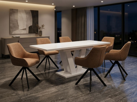 Essgruppe Lara White - Weiss Hochglanz mit 6 Stühlen in Chenille Orange für 6 Personen