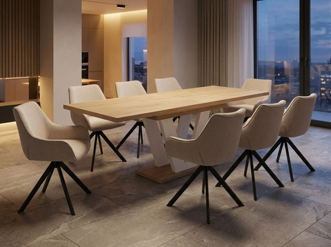 Essgruppe Lara White - Eiche Cremona mit 8 Stühlen in Leinen Beige für 8 Personen