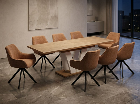 Essgruppe Lara White - Eiche Cremona mit 8 Stühlen in Chenille Orange für 8 Personen