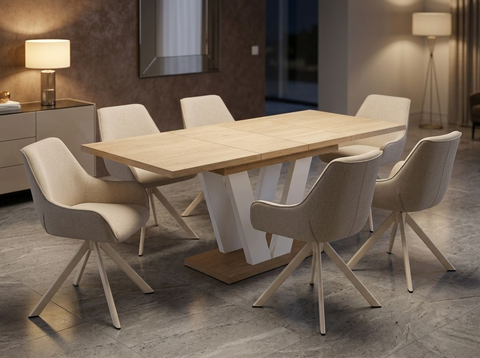 Essgruppe Lara White - Eiche Cremona mit 6 Stühlen in Leinen Beige mit beigem Gestell für 6 Personen