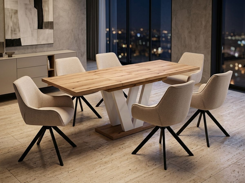 Essgruppe Lara White - Eiche Evoke mit 6 Stühlen in Leinen Beige für 6 Personen