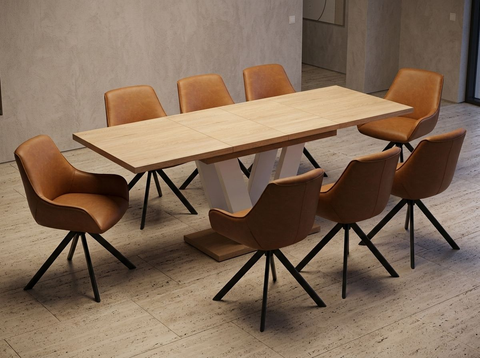 Essgruppe Lara White - Eiche Cremona mit 8 Stühlen in Kunstleder Braun für 8 Personen