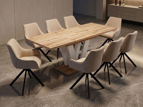 Essgruppe Lara White - Eiche Evoke mit 8 Stühlen in Leinen Beige für 8 Personen