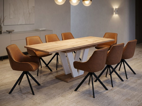 Essgruppe Lara White - Eiche Evoke mit 8 Stühlen in Kunstleder Braun für 8 Personen