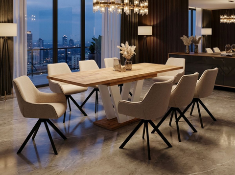 Essgruppe Lara White - Eiche Craft Gold mit 8 Stühlen in Leinen Beige für 8 Personen