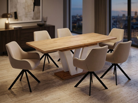 Essgruppe Lara White - Eiche Craft Gold mit 6 Stühlen in Leinen Beige für 6 Personen