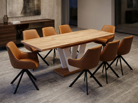 Essgruppe Lara White - Eiche Craft Gold mit 8 Stühlen in Kunstleder Braun für 8 Personen