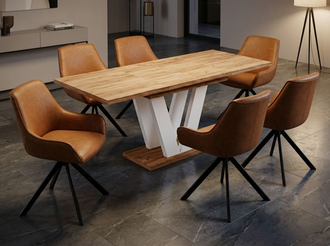 Essgruppe Lara White - Eiche Craft Gold mit 6 Stühlen in Kunstleder Braun für 6 Personen