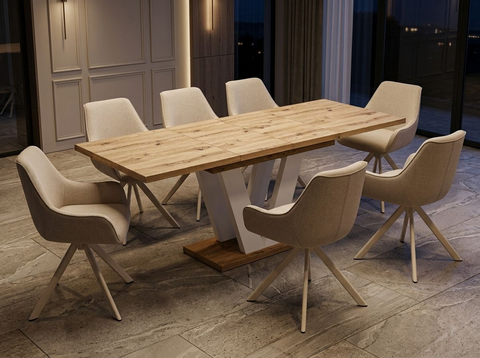 Essgruppe Lara White - Eiche Artisan mit 8 Stühlen in Leinen Beige mit beigem Gestell für 8 Personen